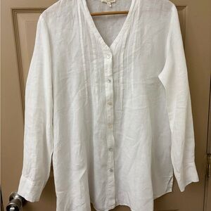 Eileen Fisher White Organic Irish Linen Button-Down Pintuck Blouse